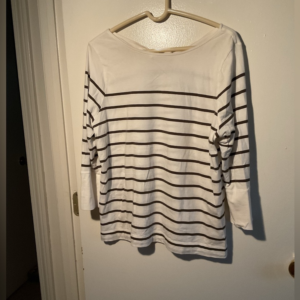 J.Jill Women's Striped tie-back top, white and green striped.